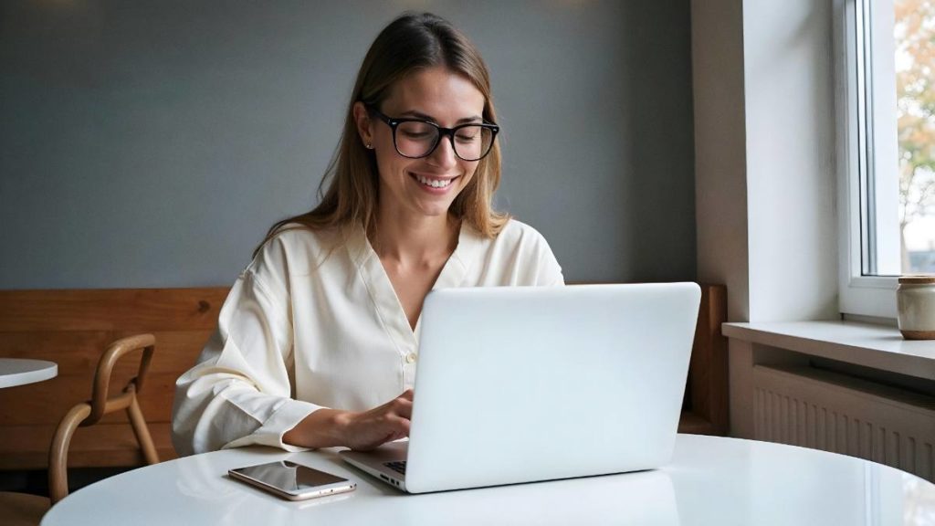 Mulher sorridente a trabalhar num computador portátil numa mesa de café, com o telemóvel ao lado