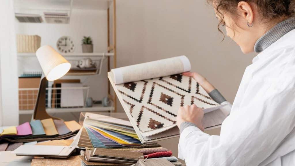 Designer de interiores a analisar amostras de tecidos e padrões numa mesa de trabalho